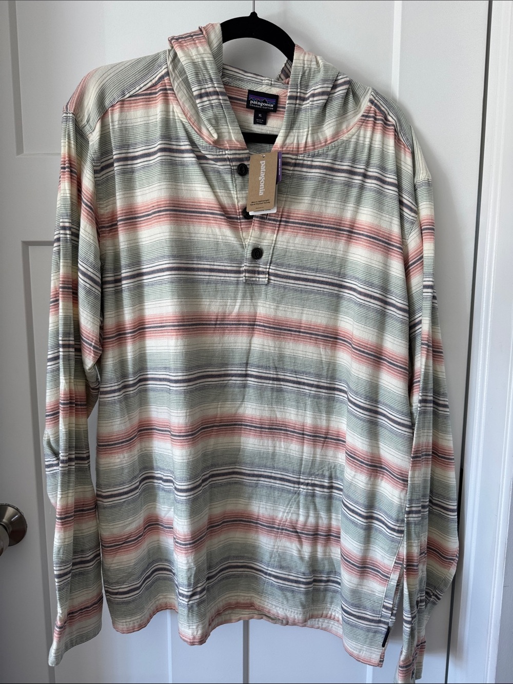 Patagonia Men's Striped Hooded Henley in Sage, Coral & Gray